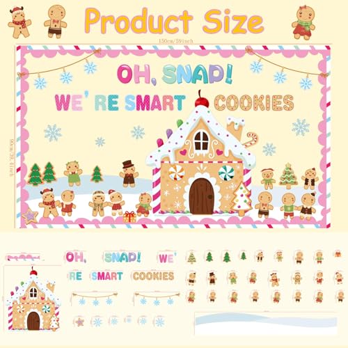 Christmas Bulletin Board Decorations Set with Borders - Gingerbread Men & House Cutouts for Classroom Holiday Decor
