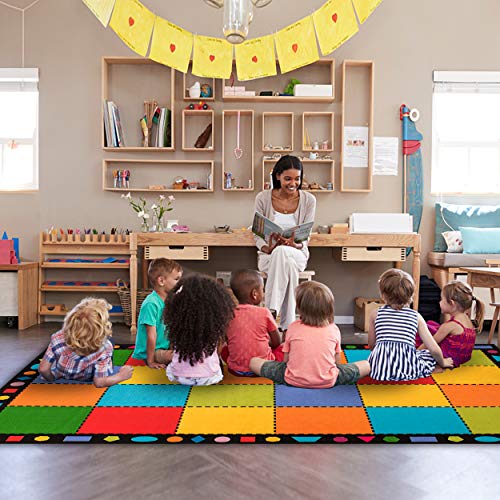 7'6" x 13' Classroom Rug, Non-Slip Preschool Carpet with Rainbow Squares