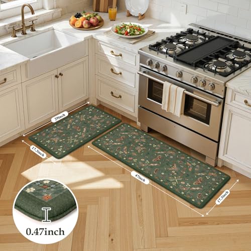 Anti-Fatigue Kitchen Mat Set, Cushioned Waterproof Sage Green Rugs 2-Piece