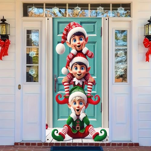 BlissYard Elf Door Cover 35x71 Inch Christmas Polyester Banner