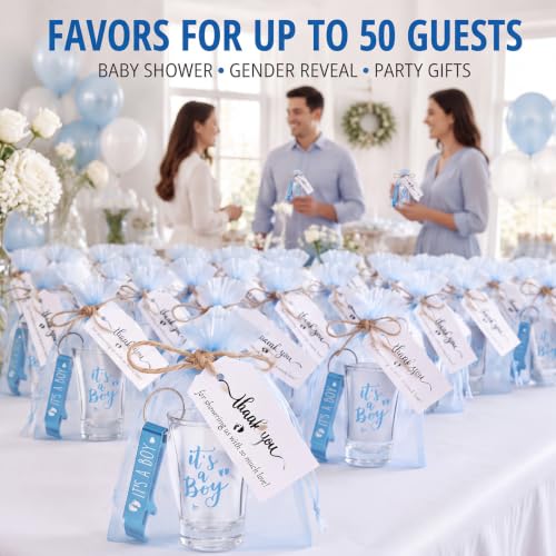 Baby Shower Favors Shot Glass & Keychain Gift Set - Blue, 50 Sets, Gender Reveal