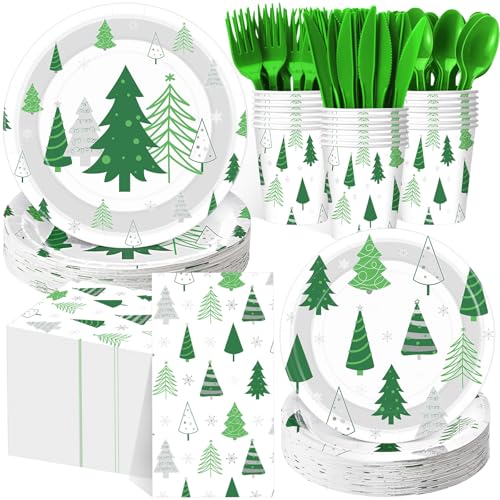 Pickmesh Christmas Tree Paper Plate Set for 50 Guests - Green Silver Party Supplies