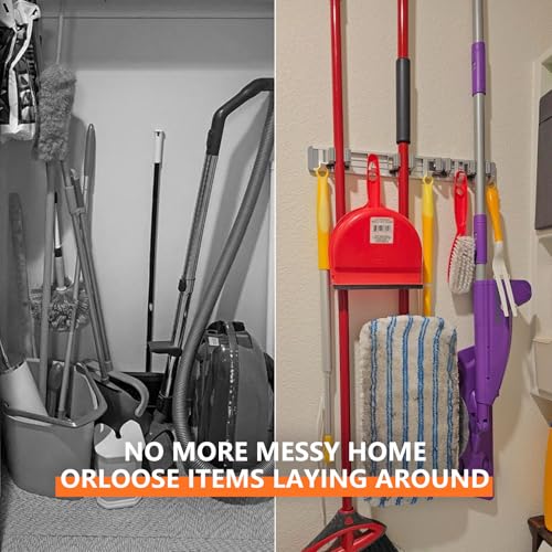 Wall Mount Broom and Mop Holder Organizer with 4 Racks and 5 Hooks