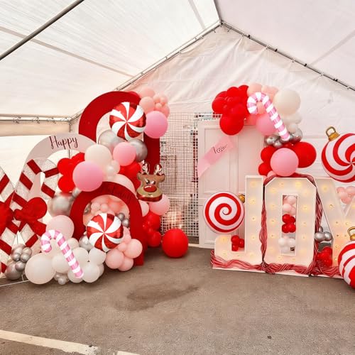 Froova Pink, Red & White Christmas Balloon Arch Kit with Reindeer & Candy Cane Foil Balloons – Includes 2 Pink, 2 Red Candy, Variety Balloons (Red/Pink/White)