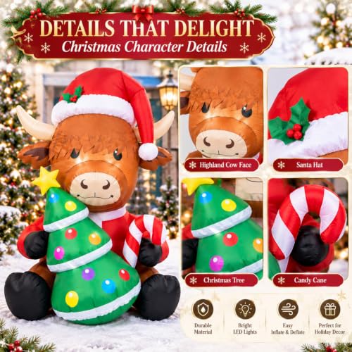 Sosation 5ft Christmas Highland Cow Inflatable with LED Lights - Santa Hat & Tree Variation