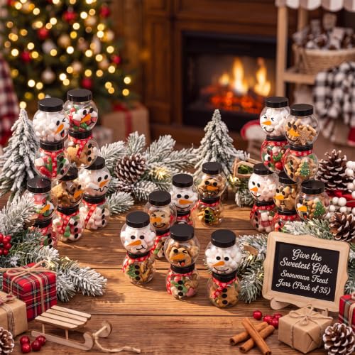 Jingmore 100 Pcs Christmas Snowman Candy Jars with Snowflake Red Ribbon - Holiday Treat Storage