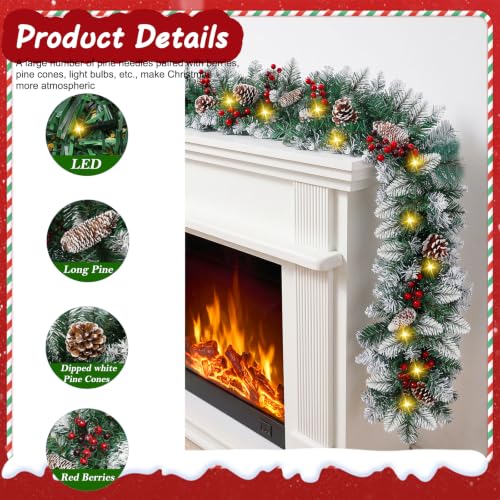 JGIRL 9 FT Christmas Garland with Lights & 50 LEDs, White, 9 Modes