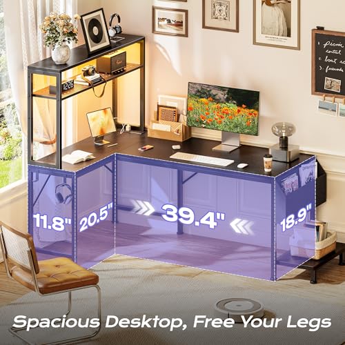 L-Shaped Gaming Desk with LED Lights, Power Outlets, and Pegboard