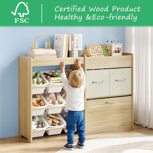 Solid Pine Kids Toy Storage Organizer with 9 Bins, 2 Drawers and Toy Chest