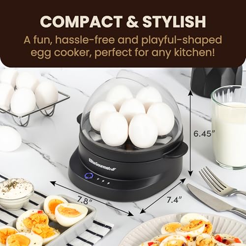 Elite Gourmet EGC587 EGGSYNC¢â Voice Alerts Easy Egg Cooker, 7-Egg Capacity, Soft, Medium, Hard-Boiled Settings, Measuring Cup with Piercing Pin, Auto Shut-Off, BPA-Free