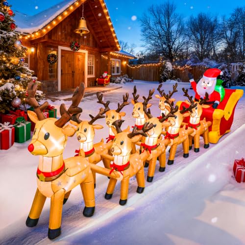 Garma 14ft Christmas Inflatable with 8 Reindeer & Santa Sleigh - Built-in LED Outdoor Decor