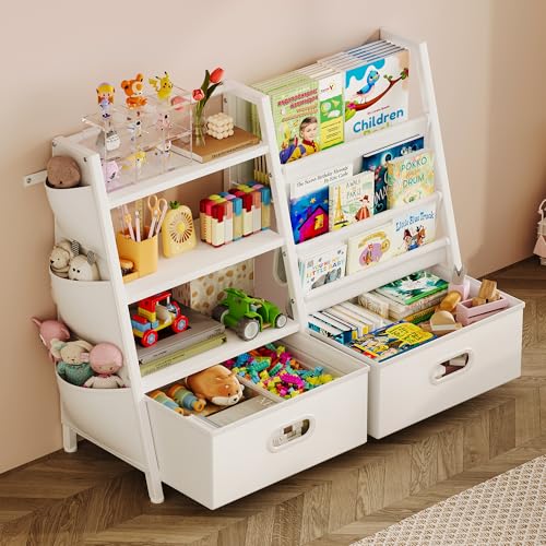 Kids Bookshelf and Toy Storage Organizer with 2 Bins, 3-Tier White Wood