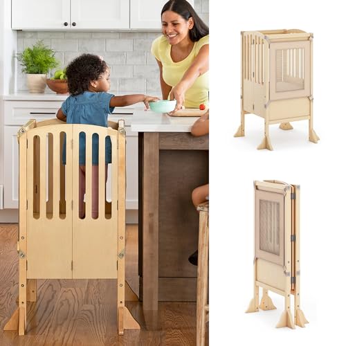 Foldable Adjustable Toddler Learning Tower Kitchen Stool - Natural Wood