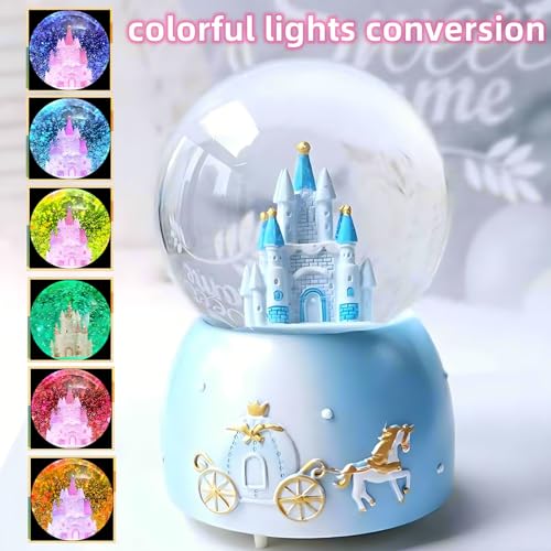 Blue Castle Musical Snow Globe with LED Lights and Automatic Snowfall