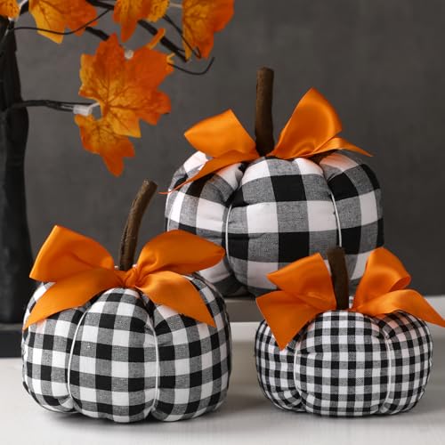 3-Piece Fabric Pumpkin Decor Set - Buffalo Plaid Farmhouse Fall Centerpiece