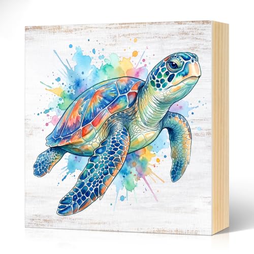 Colorful Sea Turtle Coastal Wood Block Plaque Box Sign - 5.9 x 5.9 inches, White