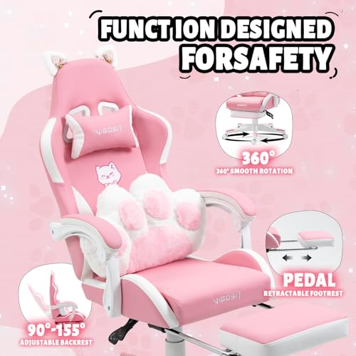 Pink Ergonomic Gaming Chair with Cat Ears, Footrest and Reclining Backrest