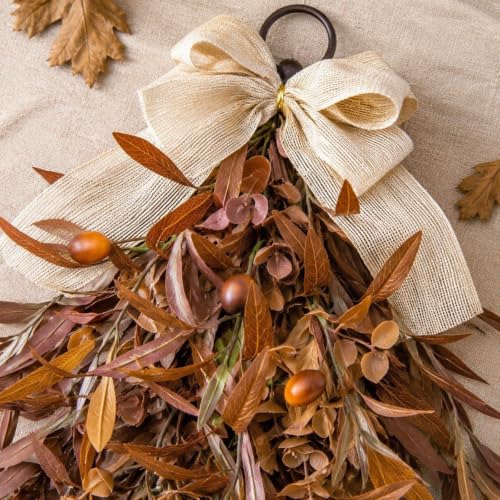 24 Inch Artificial Fall Olive Swag Teardrop Wreath with Bow for Front Door