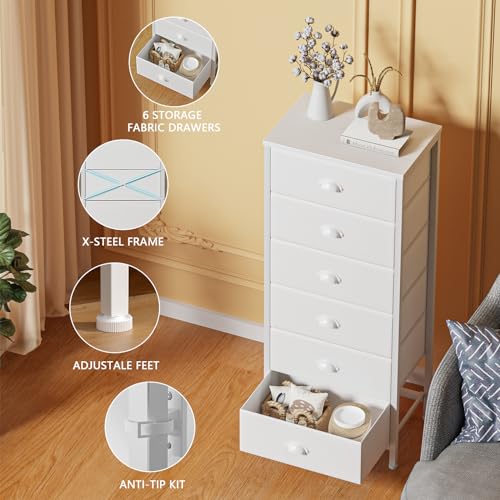 White 6 Drawer Dresser Tall Skinny Storage Tower for Bedroom Closet