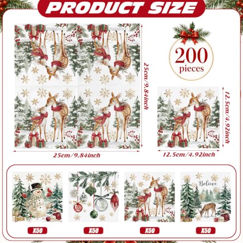 Fulmoon 200 Pcs Christmas Cocktail Paper Napkins Vivid Style 4 Designs