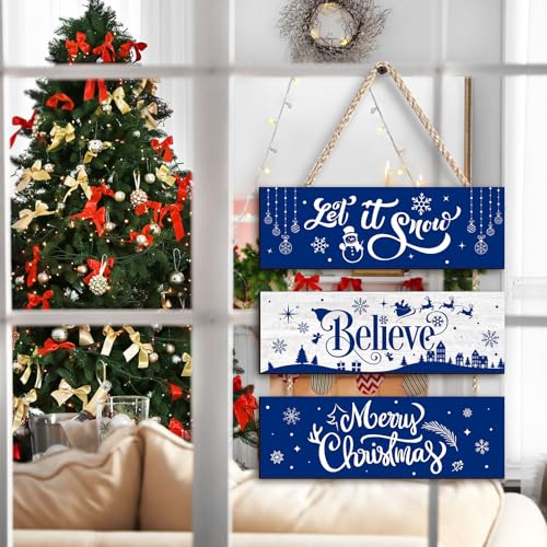 Blue Christmas Wall Hanging Decor Rustic Wooden Ornaments Set - Let It Snow, Merry Christmas, Happy Holidays Sign