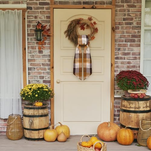 Fall Buffalo Plaid Wreath Sash Orange Check Cotton Ribbon for Front Door