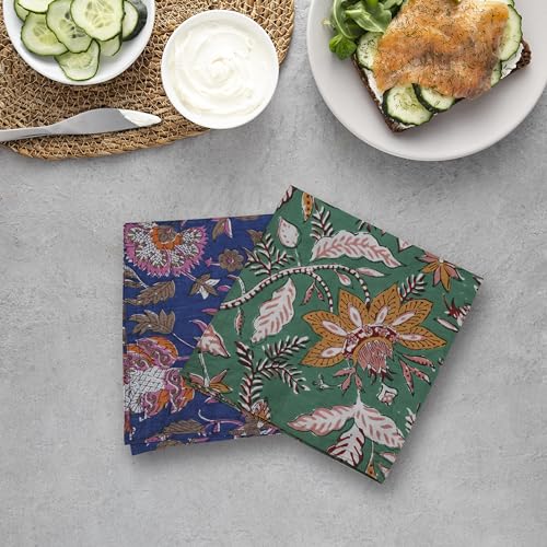 10-Piece Hand Block Print Cotton Napkins, Floral Table Linens 16x16 Inch