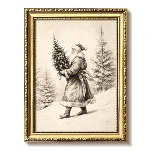 A-Tree Framed Santa Claus Canvas Wall Art 12x16 Inches - Vintage Gold Frame