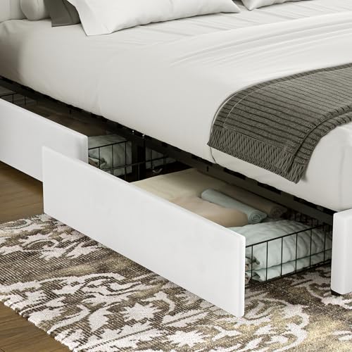 Full Size Velvet Upholstered Platform Bed Frame with 4 Storage Drawers, White