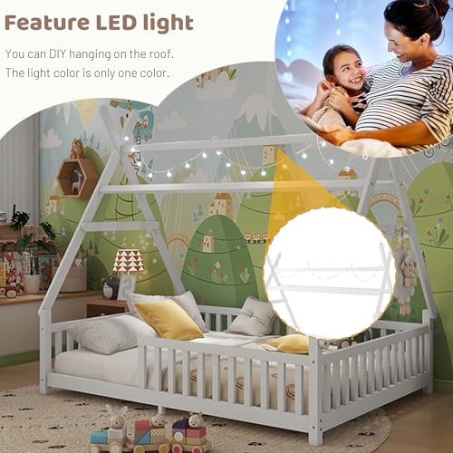 Full Size Montessori Floor Bed Frame with LED Light and Safety Rails