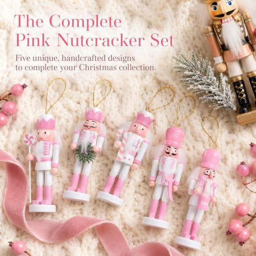 Pink Wooden Nutcracker Christmas Ornaments - 5 Pack Hanging Soldier Decor