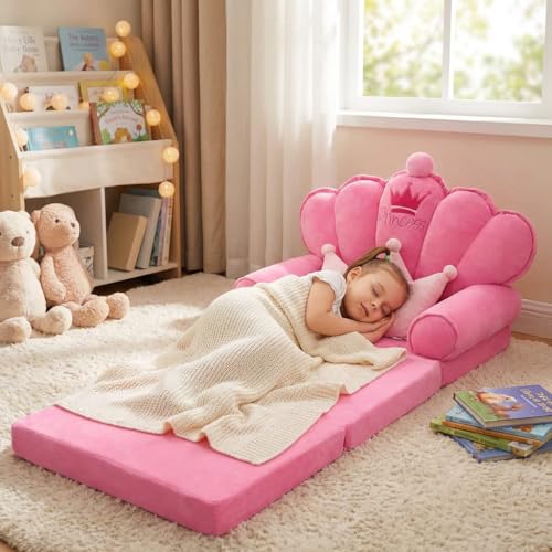2-in-1 Foldable Toddler Couch and Sofa Bed - Pink Crystal Velvet Kids Chair
