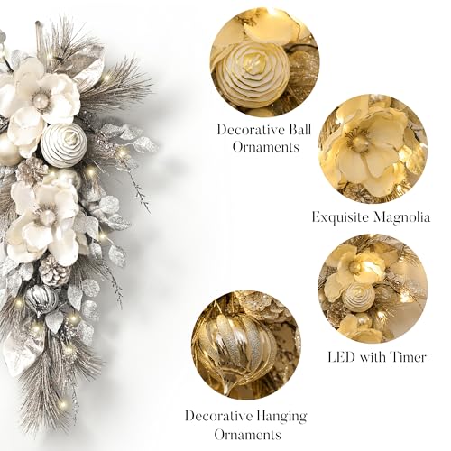 Valery Madelyn Pre-Lit 24in Teardrop Swag - Champagne Gold Christmas Decor (Teardrop)