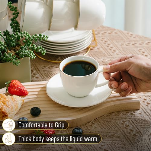 Daisy White Gold Trim 8oz Coffee & Tea Cups with Saucers Set of 12 – Brew To A Tea