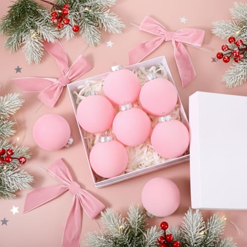 Daifunli Pink 24 Pcs Velvet Christmas Ornaments Set – 12 Balls + 12 Bows