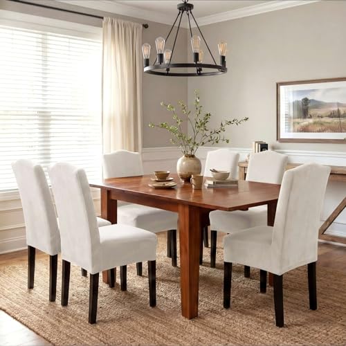 Velvet Dining Chair Covers - Stretch Slipcovers for Parson Chairs, Set of 6, Ivory