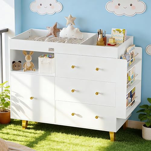 Wooden Baby Changing Table Dresser with 4 Drawers and Storage Shelves