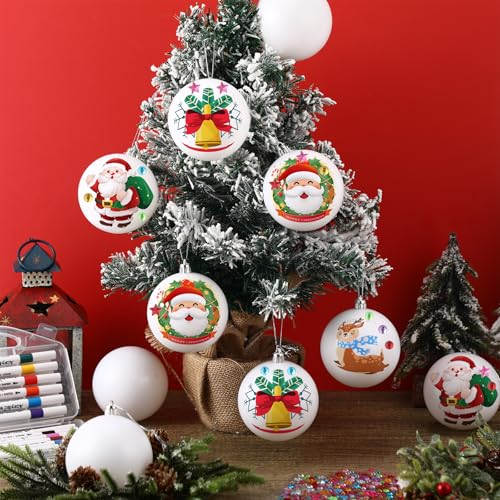 24 Pcs DIY Christmas Ornament Kit - Paintable White Plastic Balls with Markers & Stickers