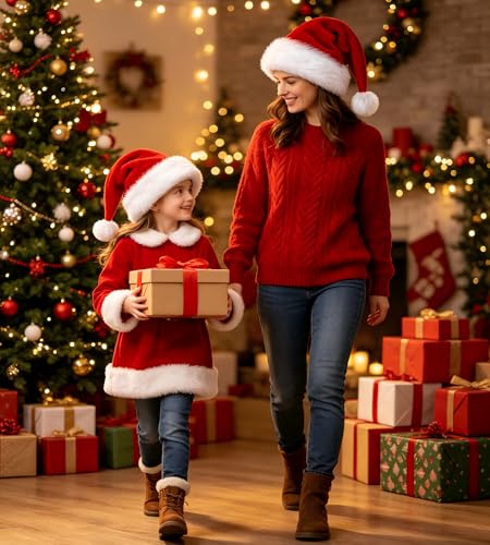 BSVI Double Santa Hat - Red Velvet Christmas Hat for Baby Kids Adults, One Size