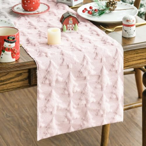 Pink Faux Fur Jacquard Christmas Tree Table Runner 13x90 Inch for Holiday Decor