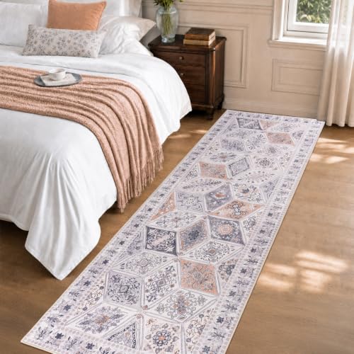 Qulint Boho Patchwork Moroccan Runner Rug 2x6 Feet Beige Grey & Blush Vintage Style