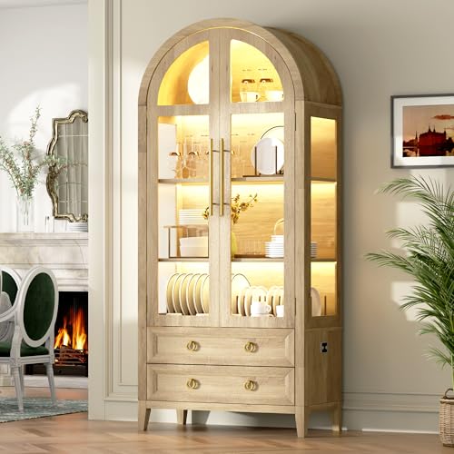 71-Inch Arched Curio Cabinet with LED Lights, 4-Tier Display & 2 Drawers