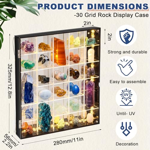 30-Grid Acrylic Display Case with LED Light and Magnetic Door for Rocks