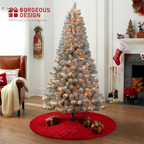 48-Inch Faux Fur Christmas Tree Skirt - Red Holiday Decoration for 6-9ft Trees