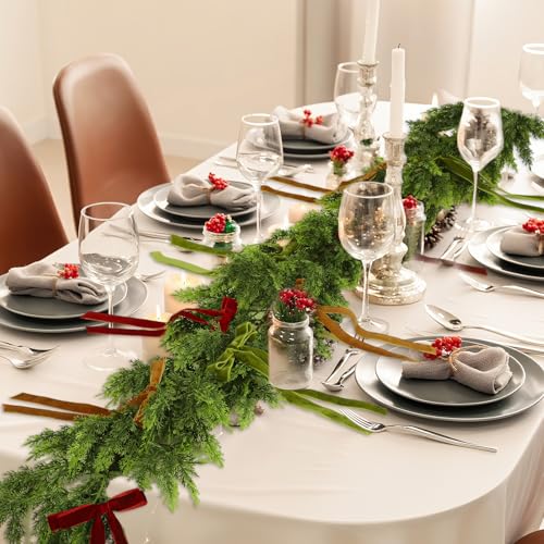 6ft Artificial Cedar Garland with 24 Velvet Bows, Christmas Holiday Decor