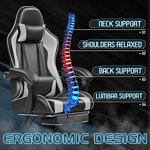 Ergonomic Gaming Chair with Footrest, Massage Lumbar Support & Recline