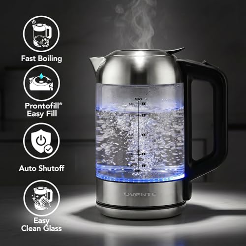 OVENTE 1.8L Glass Electric Kettle - Silver, Fast Boil Water Heater