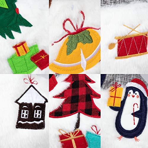 20-Inch Christmas Stockings Set of 6 - Gray Burlap & Red Plaid Faux Fur