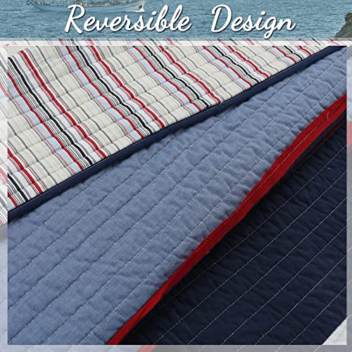 Navy Blue and Red Striped 3-Piece Queen Cotton Reversible Quilt Bedding Set