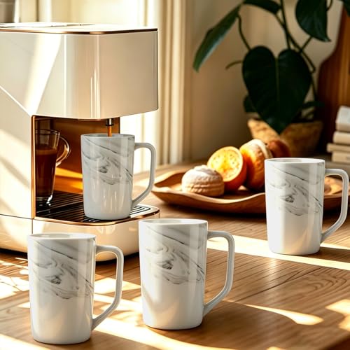 Grey Marble Coffee Mug Set of 4 - 16 oz Large Ceramic Tea Cups with Handle